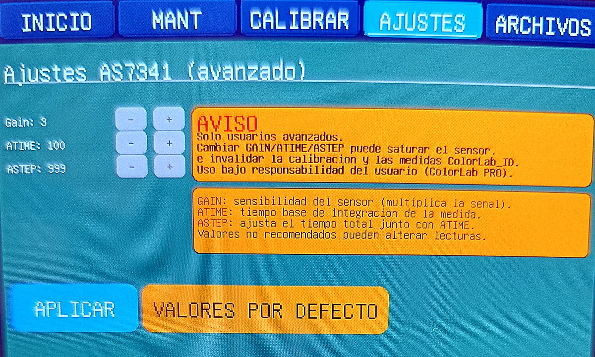 Pantalla de ajustes avanzados del sensor AS7341