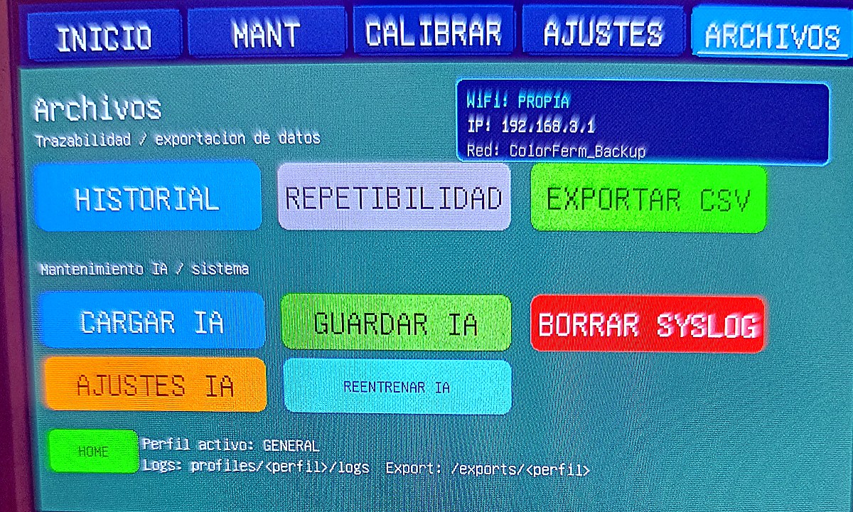 Pantalla actual de archivos, histórico, repetibilidad, exportación CSV y mantenimiento IA de ColorFerm DeltaE